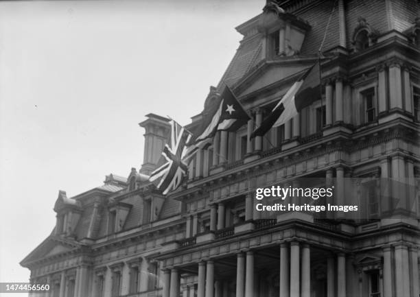 Flags - British And French Flags On State Department. Visit of Allied Commission, 1917. The flag in the centre is either Cuba or Puerto Rico....