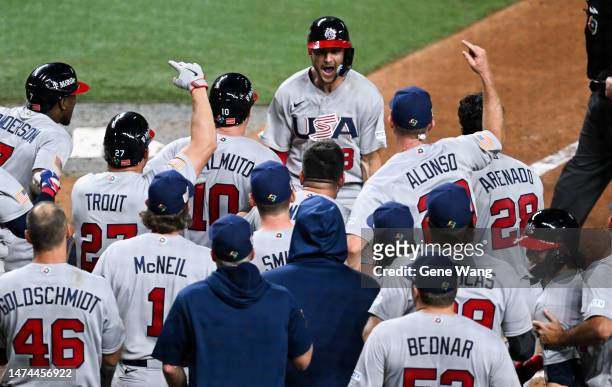 Trea Turner of Team USA hits a grand slam in the top of the 8th inning during the 2023 World Baseball Classic Quarterfinal game between Team USA and...