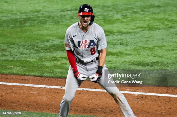Trea Turner of Team USA hits a grand slam in the top of the 8th inning during the 2023 World Baseball Classic Quarterfinal game between Team USA and...