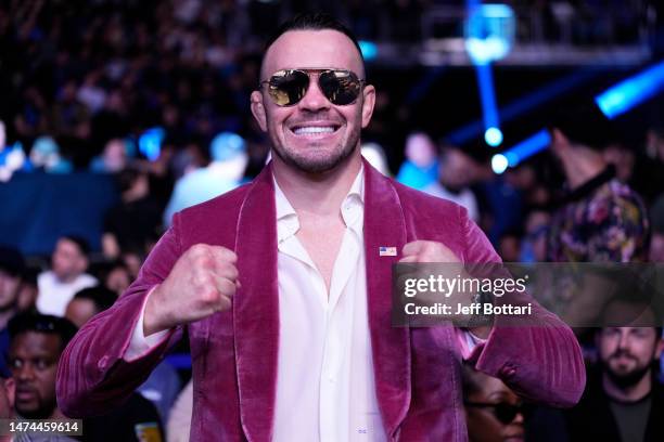 Colby Covington is seen in attendance during the UFC 286 event at The O2 Arena on March 18, 2023 in London, England.