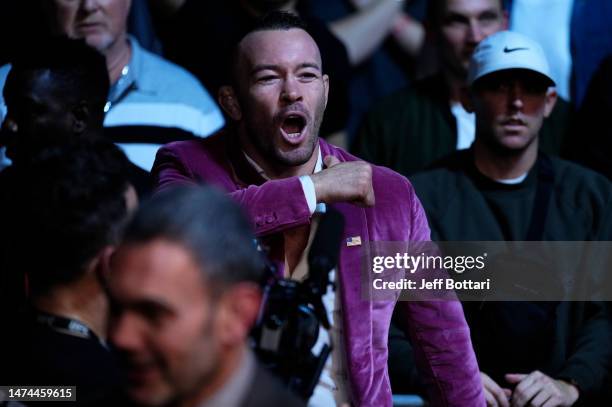 Colby Covington is seen in attendance during the UFC 286 event at The O2 Arena on March 18, 2023 in London, England.