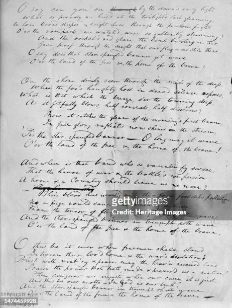 Francis Scott Key, Original Manuscript of 'Star Spangled Banner', 1914. US lawyer, author and poet Francis Scott Key wrote the lyrics for "The...