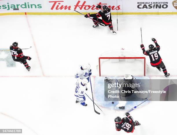 Brady Tkachuk of the Ottawa Senators celebrates his third-period goal against Matt Murray of the Toronto Maple Leafs during the game at Canadian Tire...