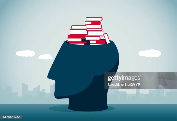 kopf voller bücher - intellectual property stock-grafiken, -clipart, -cartoons und -symbole