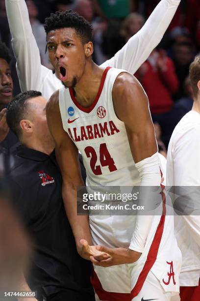 Brandon Miller of the Alabama Crimson Tide reacts during the first half against the Maryland Terrapins in the second round of the NCAA Men's...