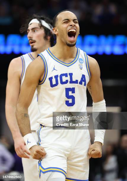 Amari Bailey of the UCLA Bruins reacts during the second half against the Northwestern Wildcats in the second round of the NCAA Men's Basketball...
