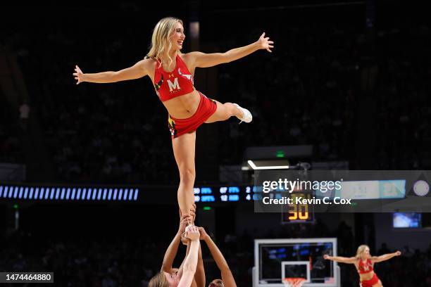 The Maryland Terrapins cheerleaders perform during the first half against the Alabama Crimson Tide in the second round of the NCAA Men's Basketball...