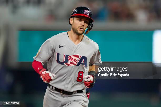 Trea Turner of The United States rounds the bases after hitting a grand slam during the eighth inning of a 2023 World Baseball Classic Quarterfinal...