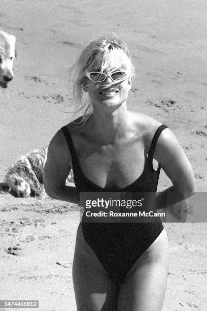 English-born American actress Nicollette Sheridan enjoys the beach in 1996 in Malibu, California.
