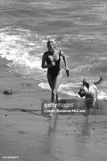 English-born American actress Nicollette Sheridan enjoys the beach with her dog in 1996 in Malibu, California.
