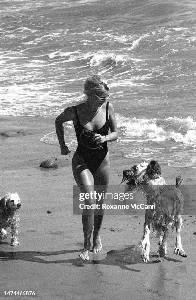 English-born American actress Nicollette Sheridan enjoys the beach with her dogs in 1996 in Malibu, California.