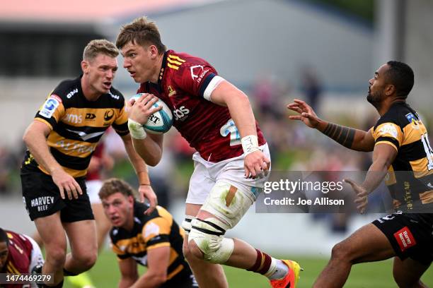 Fabian Holland of the Highlanders charges forward during the round four Super Rugby Pacific match between Highlanders and Western Force at...