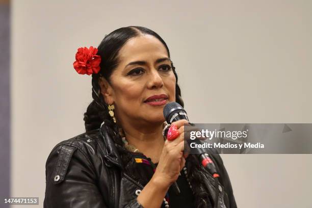 Lila Downs speaks during the press conference on day one of Vive Latino 2023 at Foro Sol on March 18, 2023 in Mexico City, Mexico.