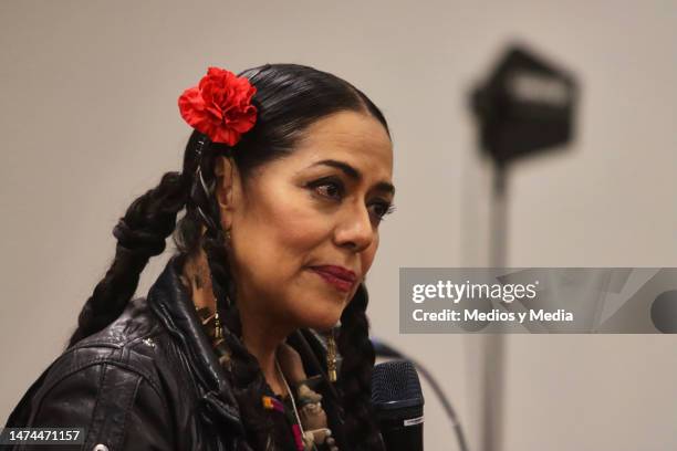 Lila Downs speaks during the press conference on day one of Vive Latino 2023 at Foro Sol on March 18, 2023 in Mexico City, Mexico.