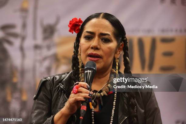 Lila Downs speaks during the press conference on day one of Vive Latino 2023 at Foro Sol on March 18, 2023 in Mexico City, Mexico.