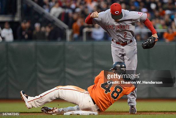 Pablo Sandoval of the San Francisco Giants interferes with Zack Cozart of the Cincinnati Reds on a double-play ball in the fourth inning at AT&T Park...