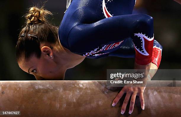 Alicia Sacramone competes on the beam during day 2 of the 2012 U.S. Olympic Gymnastics Team Trials at HP Pavilion on June 29, 2012 in San Jose,...