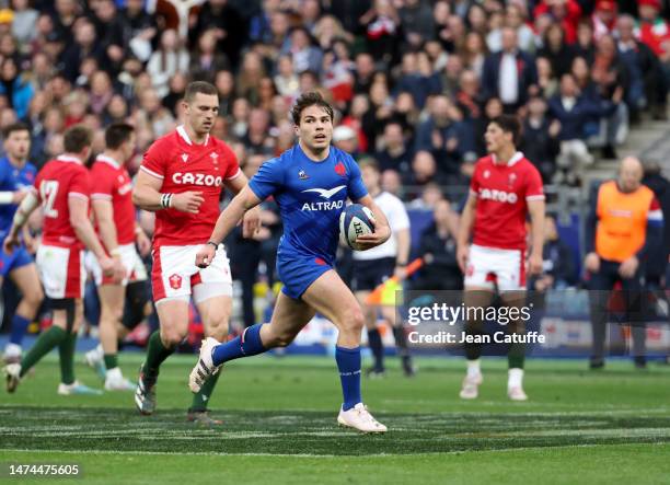 Antoine Dupont of France during the Guinness Six Nations Rugby match between France and Wales at Stade de France on March 18, 2023 in Saint-Denis...