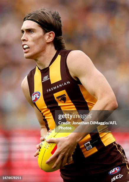 Will Day of the Hawks in action during the round one AFL match between Hawthorn Hawks and Essendon Bombers at Melbourne Cricket Ground, on March 19...