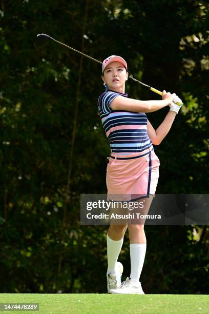 Yuting Seki of China hits her tee shot on the 5th hole during the final round of T-POINT x ENEOS Golf Tournament at Kagoshima Takamaki County Club on...