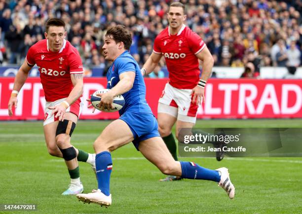 Antoine Dupont of France, Josh Adams of Wales during the Guinness Six Nations Rugby match between France and Wales at Stade de France on March 18,...