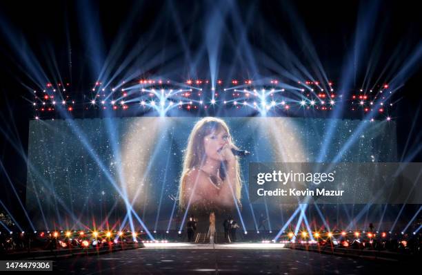 Taylor Swift performs onstage during "Taylor Swift | The Eras Tour" at State Farm Stadium on March 18, 2023 in Swift City, ERAzona . The city of...