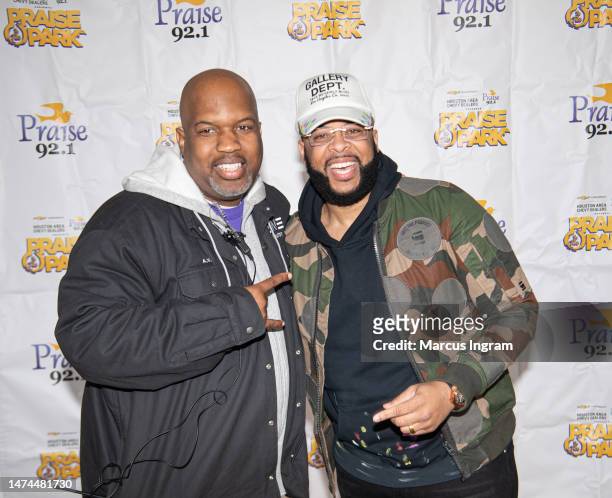 Anthony Valary and James Fortune attend the Praise In The Park concert at Buffalo Bayou Park on March 18, 2023 in Houston, Texas.