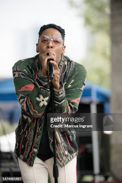 Deitrick Haddon performs on stage during the Praise In The Park concert at Buffalo Bayou Park on March 18, 2023 in Houston, Texas.