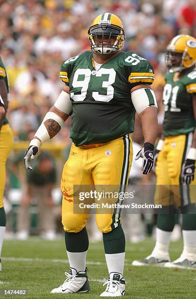 Defensive tackle Gilbert Brown of the Green Bay Packers looks at the side line before the play against the Carolia Panthers on September 29, 2002 at...