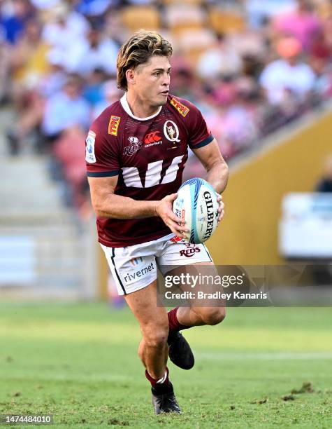 James O'Connor of the Reds runs with the ball during the round four Super Rugby Pacific match between Queensland Reds and Fijian Drua at Suncorp...