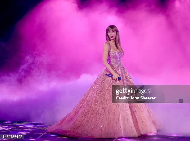 Editorial use only and no commercial use at any time. No use on publication covers is permitted after August 9, 2023. Taylor Swift performs onstage...