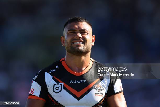 David Nofoaluma of the Wests Tigers reacts during the round three NRL match between Canterbury Bulldogs and Wests Tigers at Belmore Sports Ground on...