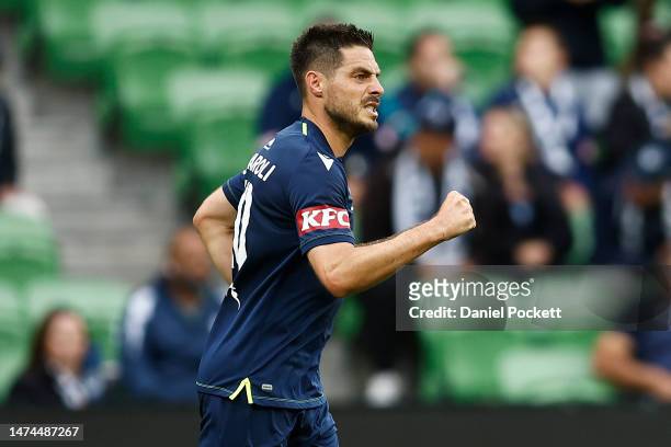 Bruno Fornaroli of the Victory celebrates kicking a goal during the round 21 A-League Men's match between Melbourne Victory and Central Coast...