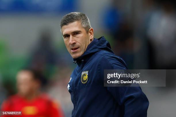 Mariners head coach Nick Montgomery looks on during the round 21 A-League Men's match between Melbourne Victory and Central Coast Mariners at AAMI...