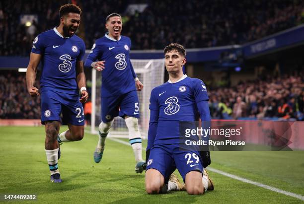 Kai Havertz of Chelsea celebrates after scoring his teams second goal during the Premier League match between Chelsea FC and Everton FC at Stamford...