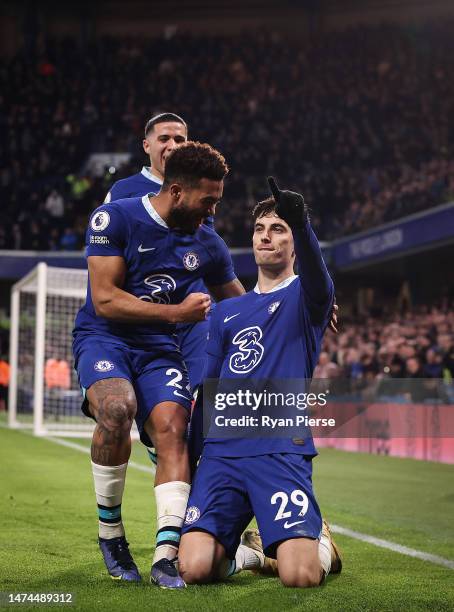 Kai Havertz of Chelsea celebrates after scoring his teams second goal during the Premier League match between Chelsea FC and Everton FC at Stamford...