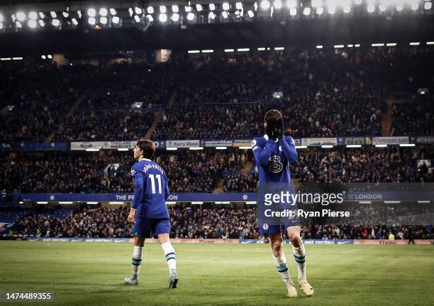 Kai Havertz of Chelsea reacts after scoring his teams second goal during the Premier League match between Chelsea FC and Everton FC at Stamford...