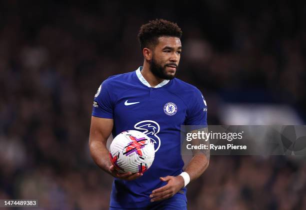 Reece James of Chelsea controls the ball during the Premier League match between Chelsea FC and Everton FC at Stamford Bridge on March 18, 2023 in...