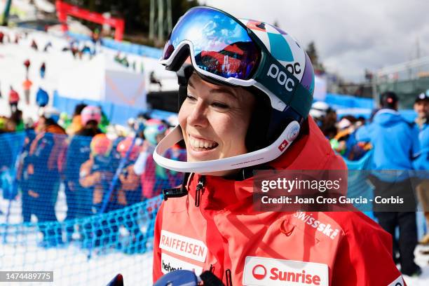 Michelle Gisin of Switzerland smiling during the Audi FIS Alpine Ski World Cup Finals - Women's Slalom on March 18, 2023 in Soldeu near Andorra la...