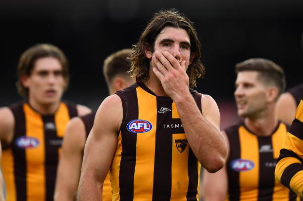 Jai Newcombe of the Hawks looks dejected after losing the round one AFL match between Hawthorn Hawks and Essendon Bombers at Melbourne Cricket...