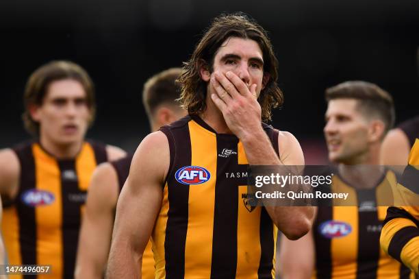 Jai Newcombe of the Hawks looks dejected after losing the round one AFL match between Hawthorn Hawks and Essendon Bombers at Melbourne Cricket...