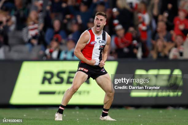 Jade Gresham of the Saints celebrates a goal during the round one AFL match between St Kilda Saints and Fremantle Dockers at Marvel Stadium, on March...