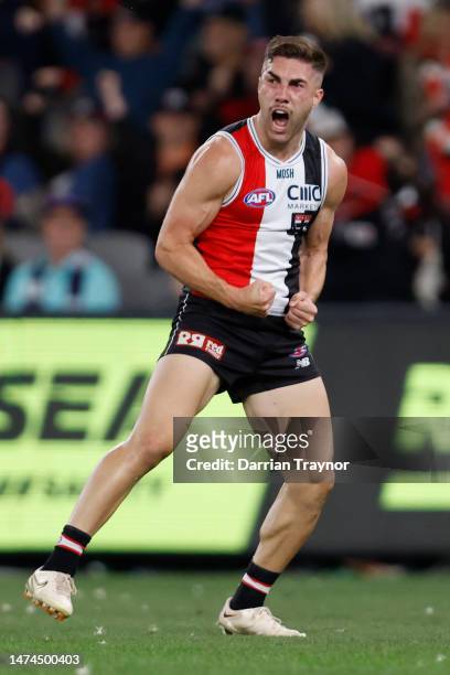 Jade Gresham of the Saints celebrates a goal during the round one AFL match between St Kilda Saints and Fremantle Dockers at Marvel Stadium, on March...