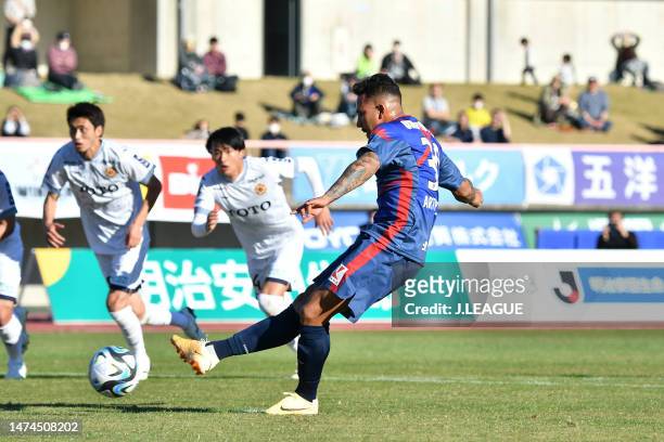 Of Kataller Toyama converts the penalty to scores his side's third goal during the J.LEAGUE Meiji Yasuda J3 3rd Sec. Match between Kataller Toyama...