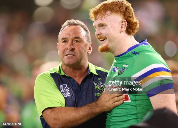 Raiders coach Ricky Stuart celebrates after winning the round three NRL match between Canberra Raiders and Cronulla Sharks at GIO Stadium on March...