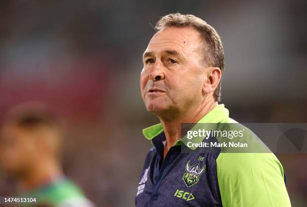 Raiders coach Ricky Stuart is pictured during the round three NRL match between Canberra Raiders and Cronulla Sharks at GIO Stadium on March 19, 2023...