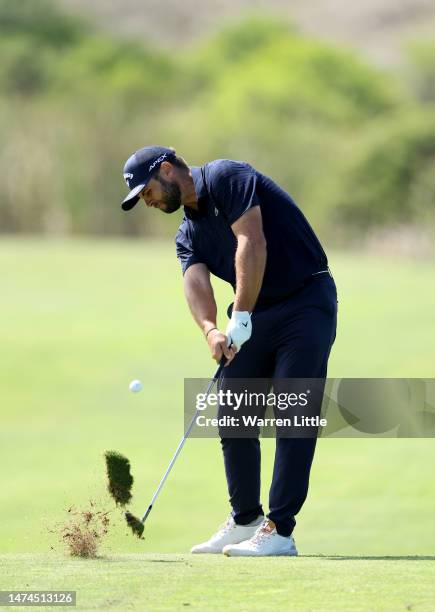 Adri Arnaus of Spain plays his second shot on the 9th hole during the final round of the SDC Championship 2023 at St. Francis Links on March 19, 2023...