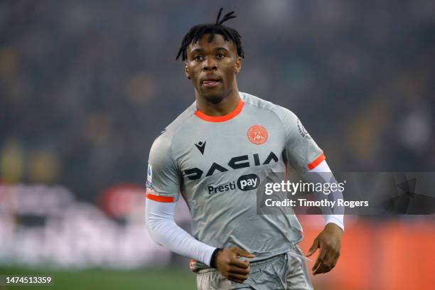 Destiny Udogie of Udinese during the Serie A match between Udinese Calcio and AC Milan at the Dacia Arena on March 18, 2023 in Udine, Italy.