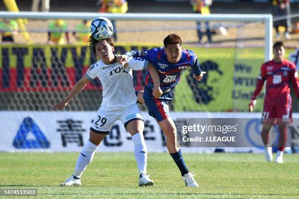 Players tussle during the J.LEAGUE Meiji Yasuda J3 3rd Sec. Match between Kataller Toyama and Giravanz Kitakyushu at Toyama Stadium on March 19, 2023...