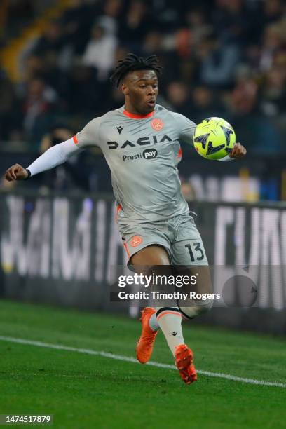 Destiny Udogie of Udinese during the Serie A match between Udinese Calcio and AC Milan at the Dacia Arena on March 18, 2023 in Udine, Italy.